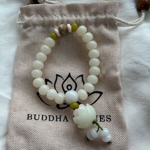White and Green Beaded Bracelet with Lotus Charm